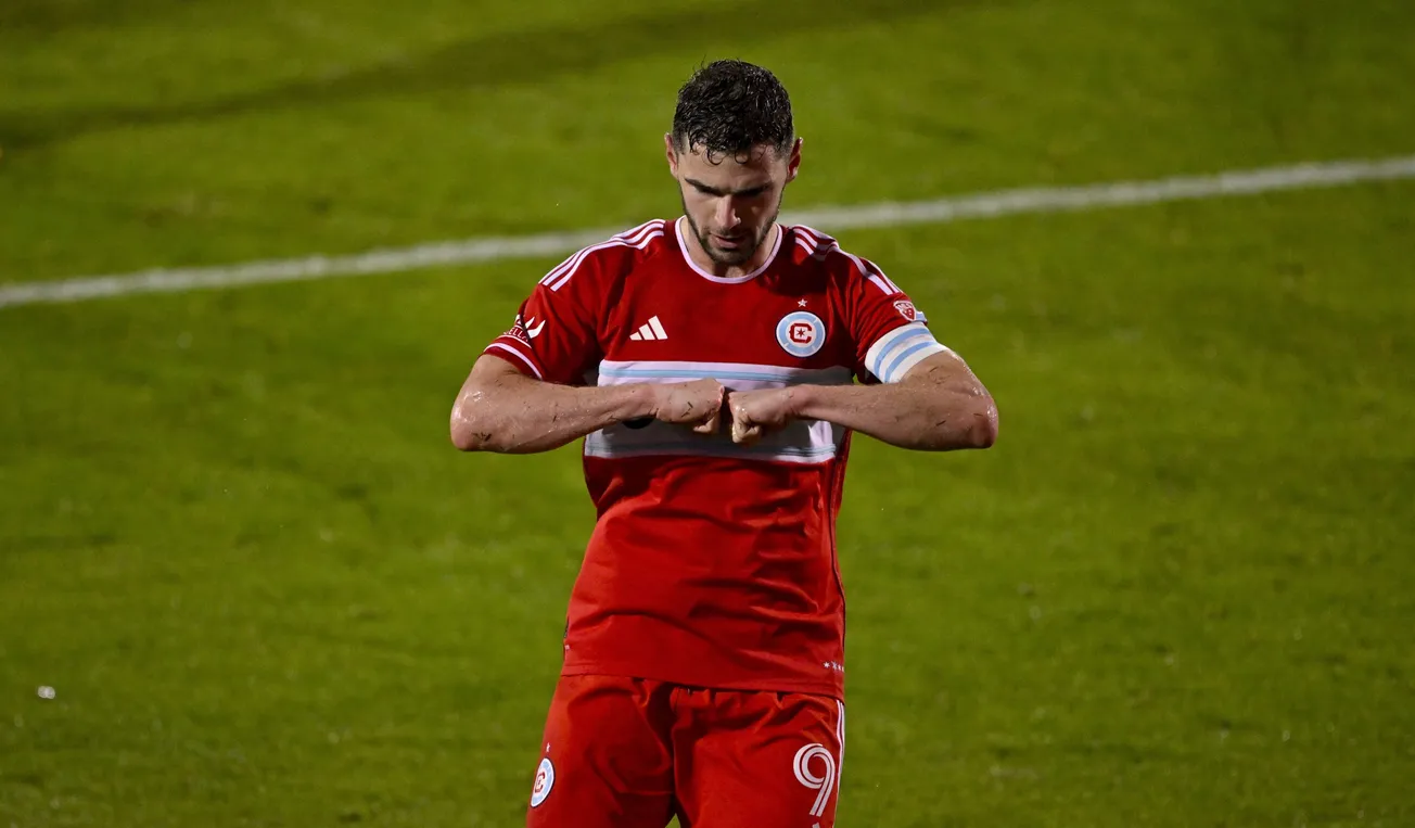 Mar 8, 2025; Frisco, Texas, USA; Chicago Fire forward Hugo Cuypers (9) celebrates after he scores a goal on a penalty kick ag