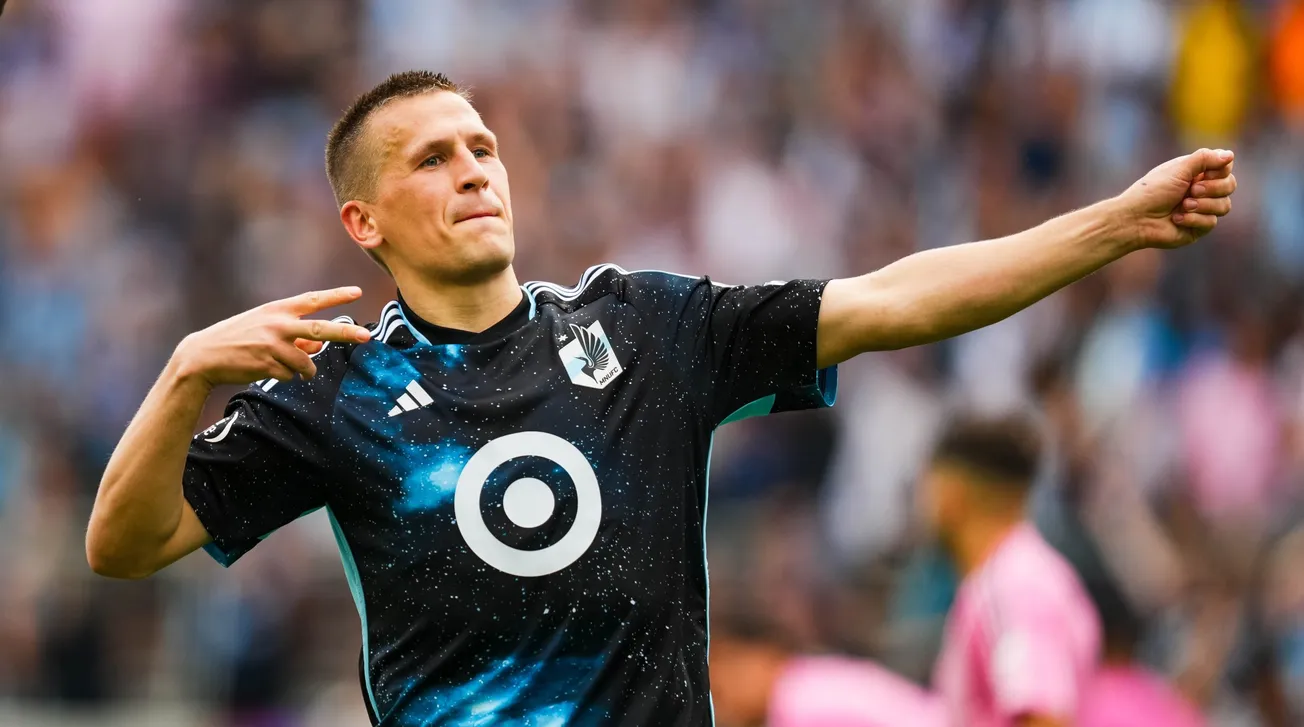 May 10, 2025; Saint Paul, Minnesota, USA; Minnesota United midfielder Robin Lod (17) celebrates his goal during the second ha