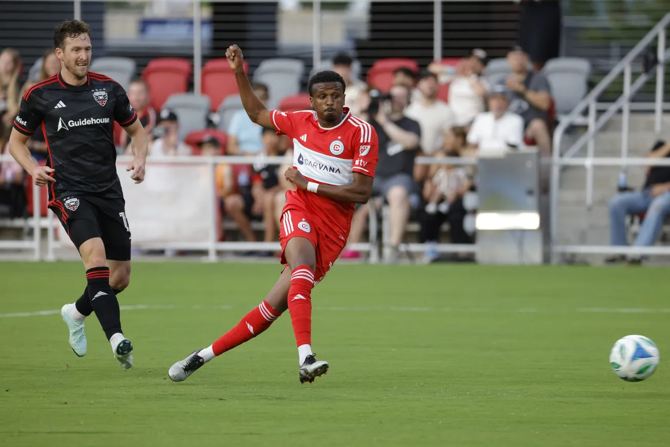 Jun 7, 2025; Washington, District of Columbia, USA; Chicago Fire midfielder Maren Haile-Selassie (7) kicks a goal past D.C. U