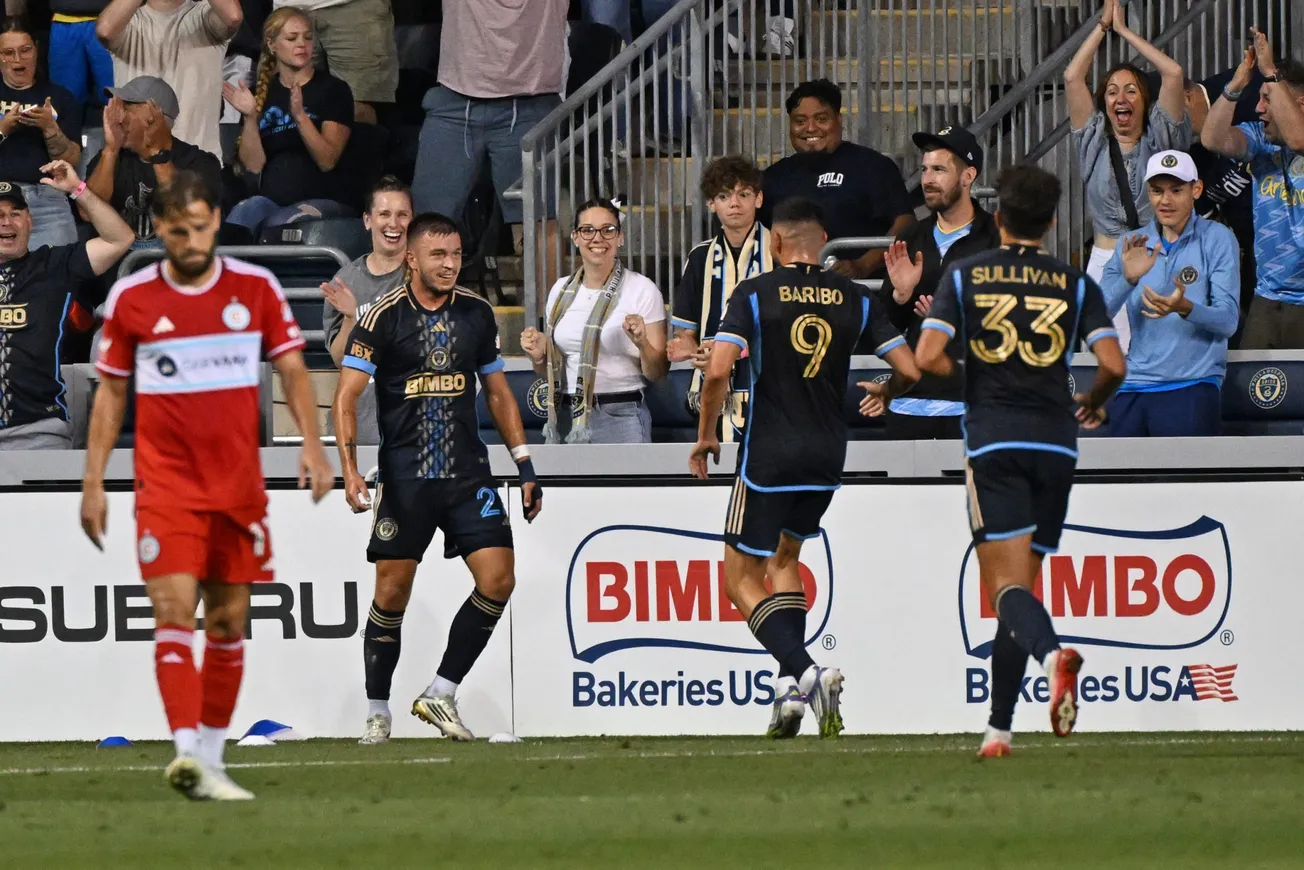 Aug 23, 2025; Chester, Pennsylvania, USA; Philadelphia Union forward Tai Baribo (9) celebrates his goal with teammates agains