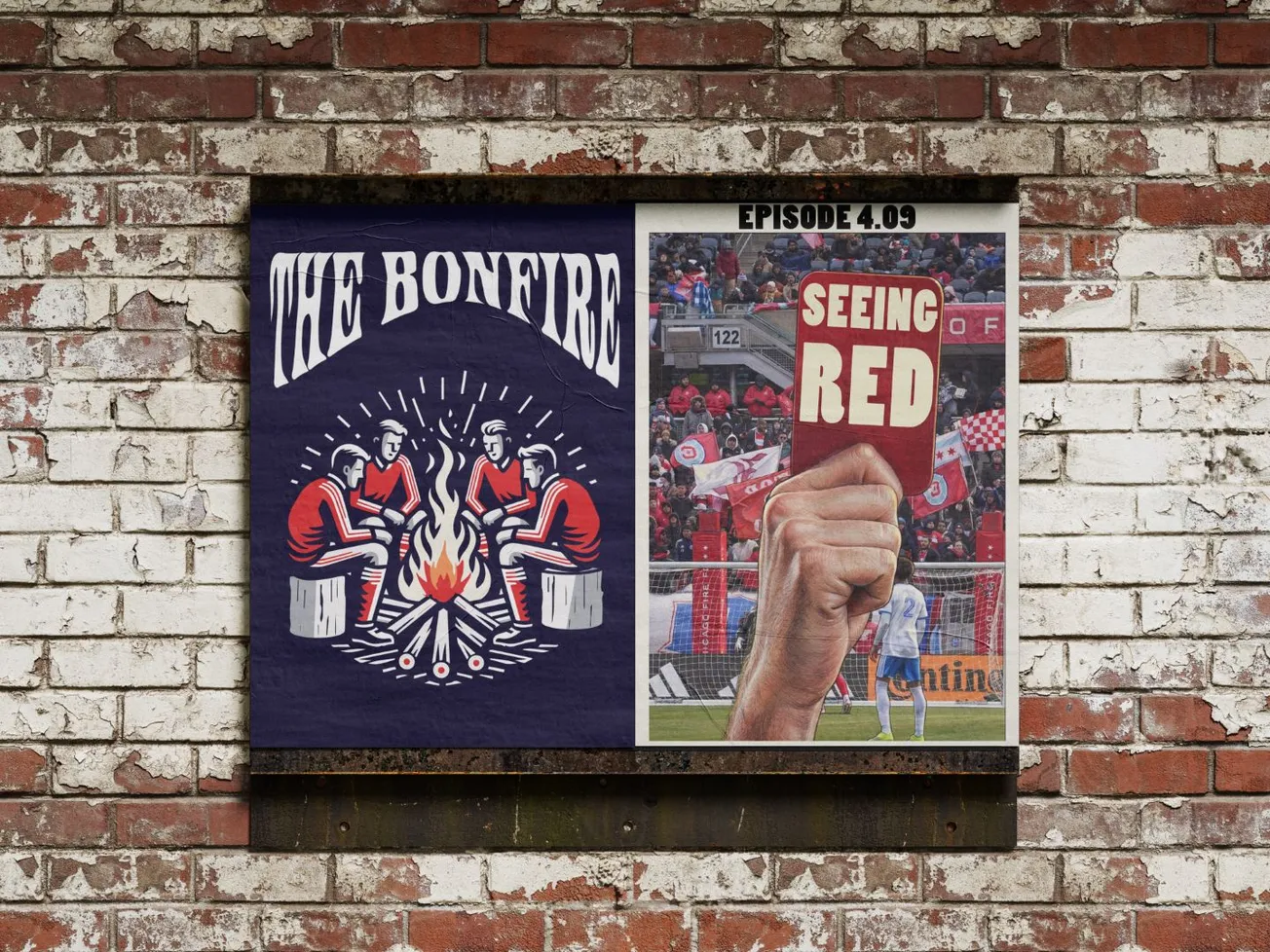 Promotional poster showing The Bonfire podcast logo on the right and the episode title "Seeing Red" on the right on a brick wall.