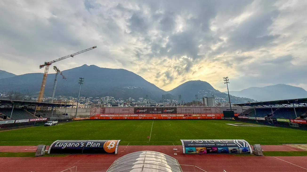 FC Lugano's Cornaredo Stadium in the morning, with the new AIL Arena construction in the background.